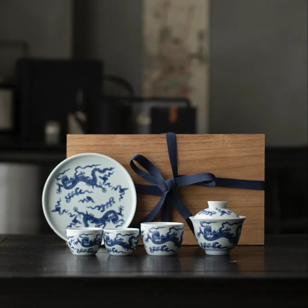 [Black Friday SALE]“Auspicious Dragon" Handmade Blue-and-White Porcelain Tea Set