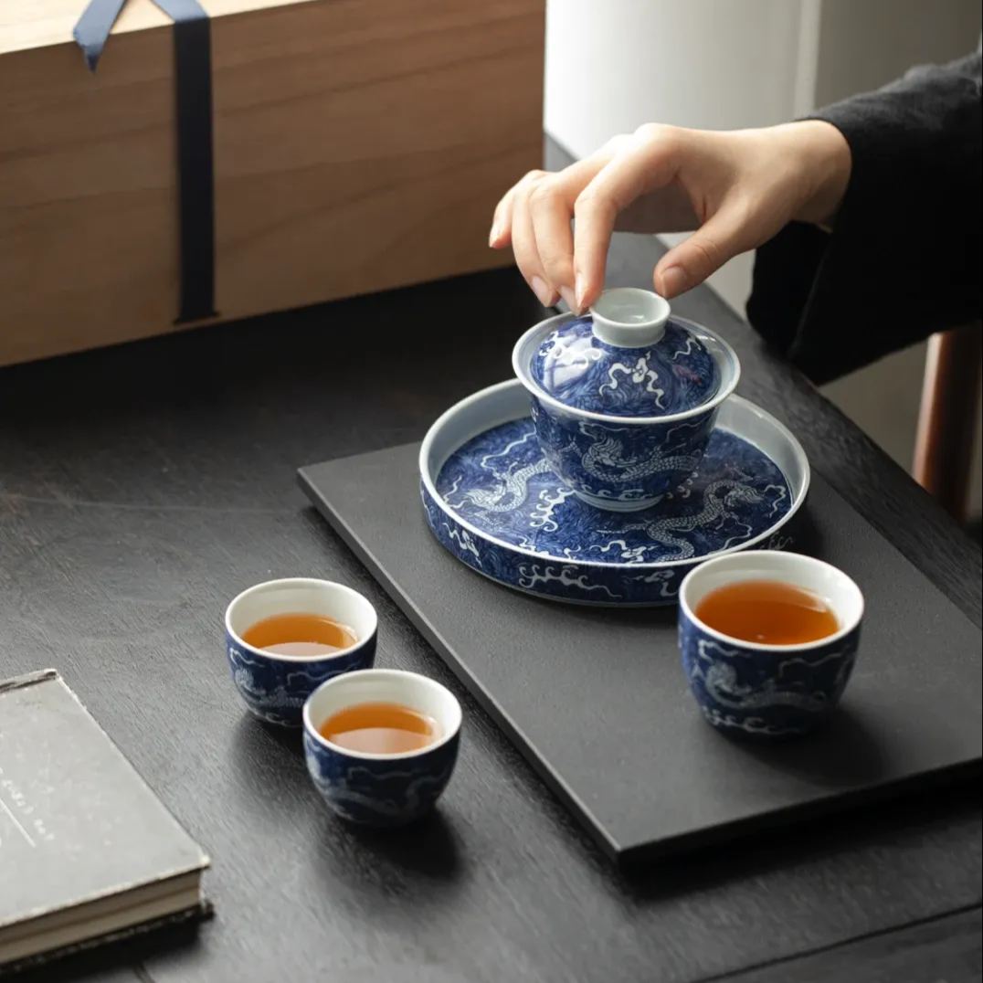 “Auspicious Dragon" Dual-Pattern Blue-and-White Tea Set-TeaTsy Official Website