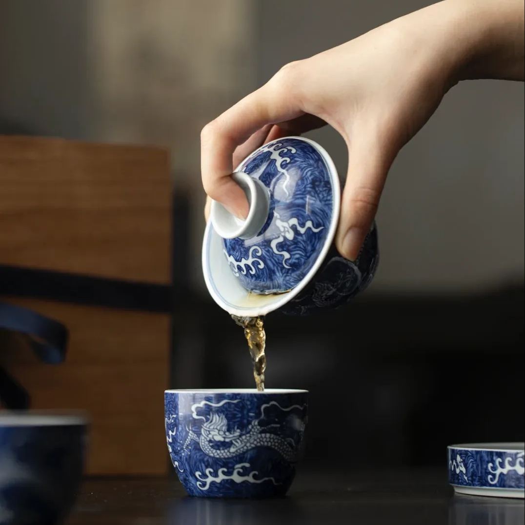 “Auspicious Dragon" Dual-Pattern Blue-and-White Tea Set-TeaTsy Official Website