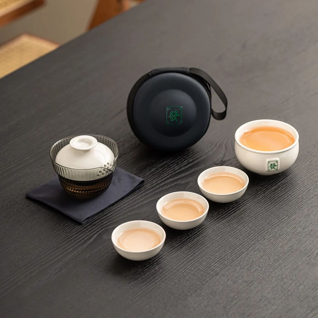 “Fa" Grass Wood Glaze Porcelain Portable Tea Set with Protective Case