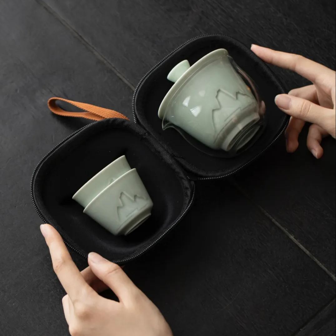 [Summer SALE]“Jingmai“ Portable Tea Set – Celadon Gaiwan with Cups | Inspired by UNESCO Heritage Jingmai Mountain | Travel Gongfu Tea Set with Case | Traditional Chinese Teaware Gift
