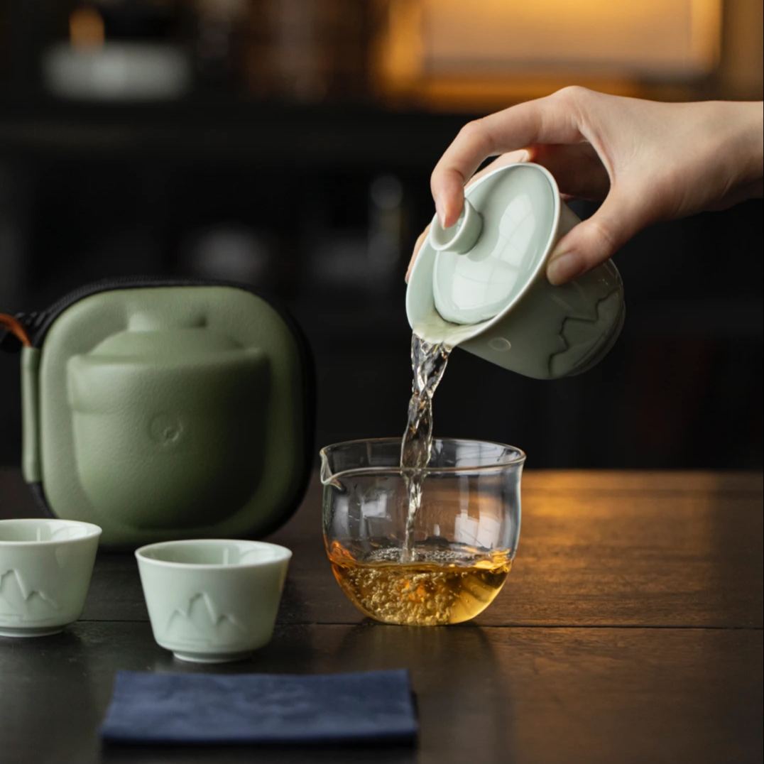 [Summer SALE]“Jingmai“ Portable Tea Set – Celadon Gaiwan with Cups | Inspired by UNESCO Heritage Jingmai Mountain | Travel Gongfu Tea Set with Case | Traditional Chinese Teaware Gift