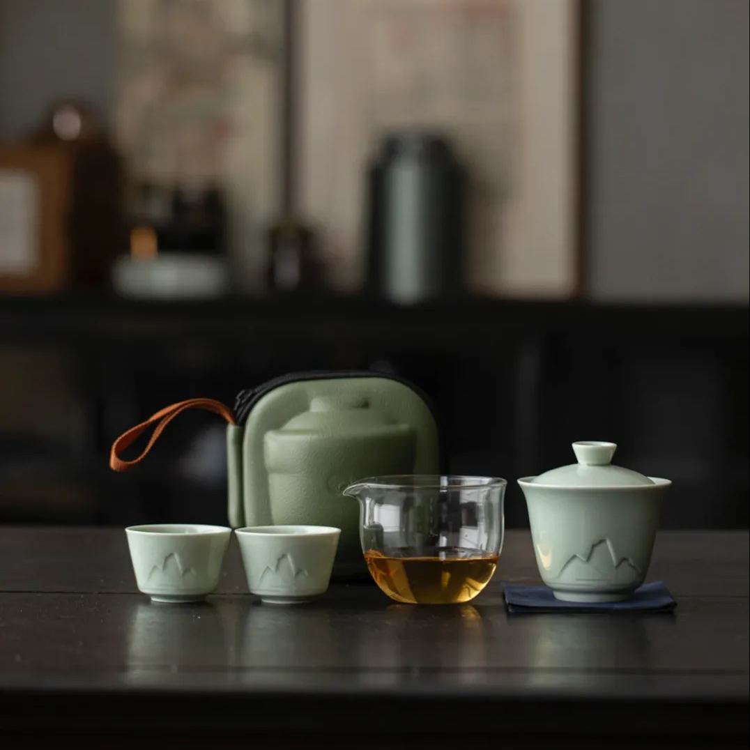 [Summer SALE]“Jingmai“ Portable Tea Set – Celadon Gaiwan with Cups | Inspired by UNESCO Heritage Jingmai Mountain | Travel Gongfu Tea Set with Case | Traditional Chinese Teaware Gift
