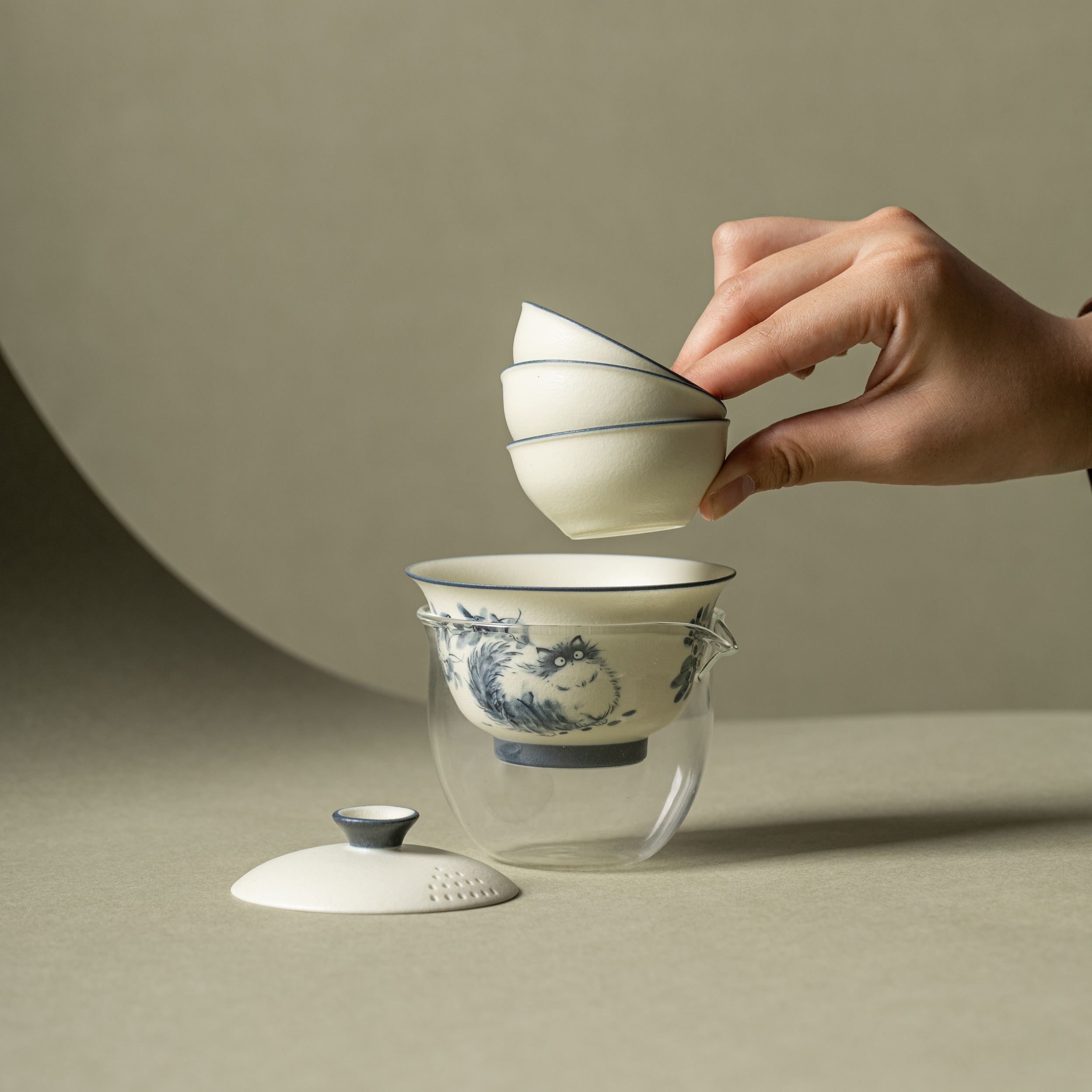 "Zen Ink Cat" - Lid Filter Travel Tea Set