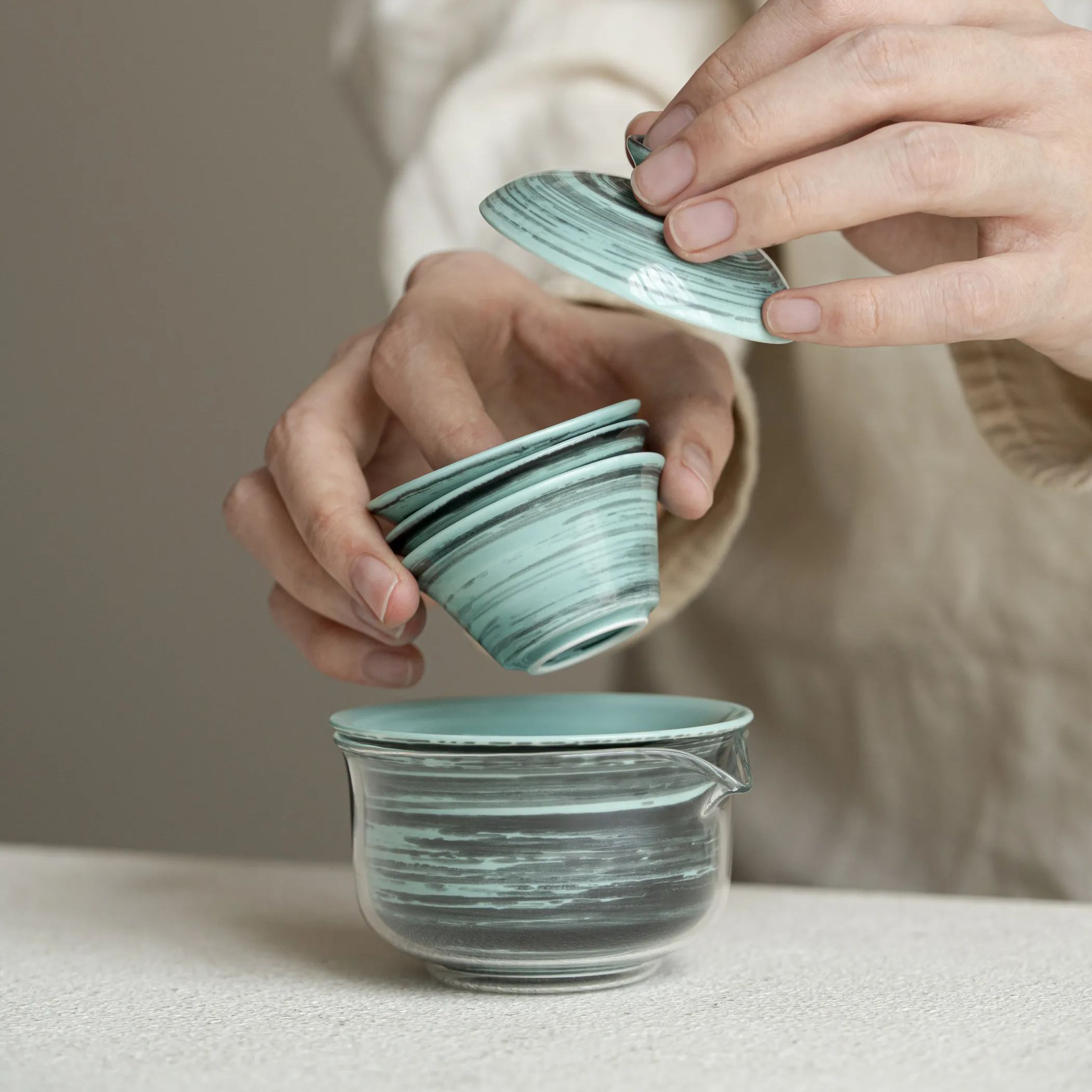 “Ripple” – Hand-Brushed Glaze Natural Texture Tea Set
