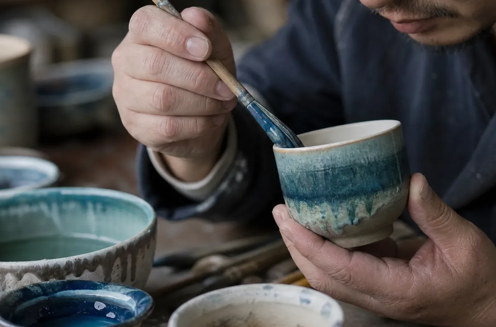 Lake Veil stoneware tea cups and gaiwan arranged on a wood surface &mdash; showing variation in kiln-change glaze across individual pieces