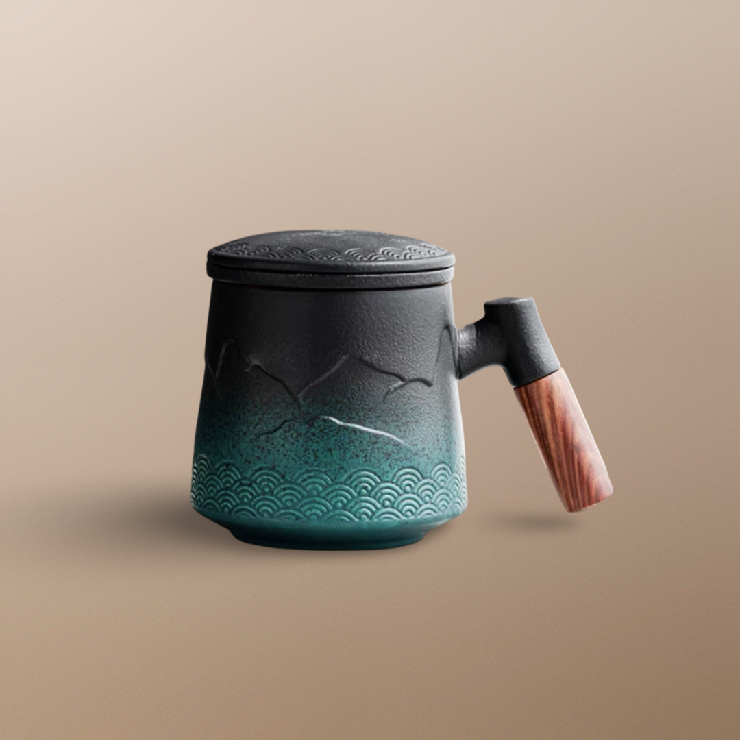 “Mountain” - Handmade Embossed Ceramic Tea Mug With Wooden Handle and Removable Infuser