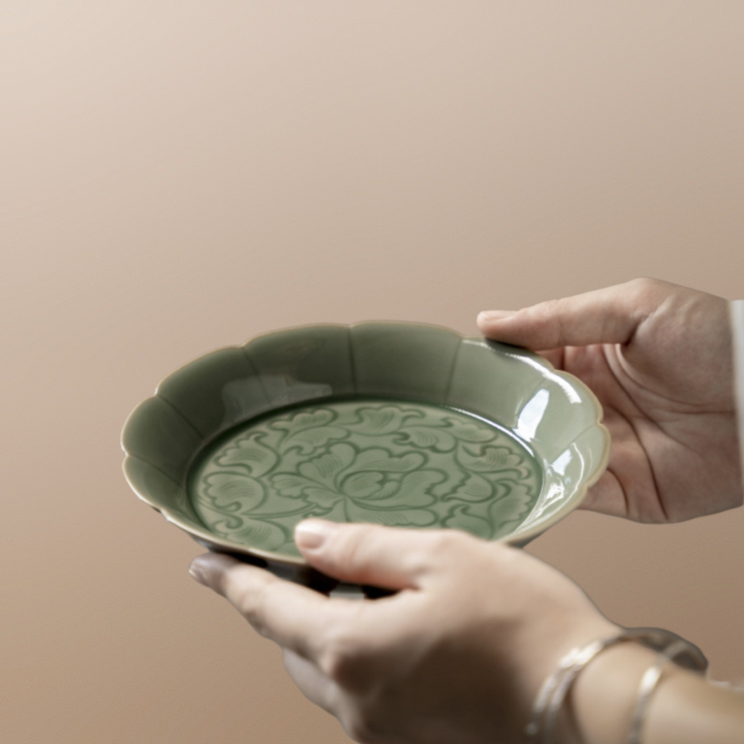 [SALE]“Peony” - Hand-embossed Antique Style Yue Klin Celadon Teapot Holder/Tea Basin/Tea Tray