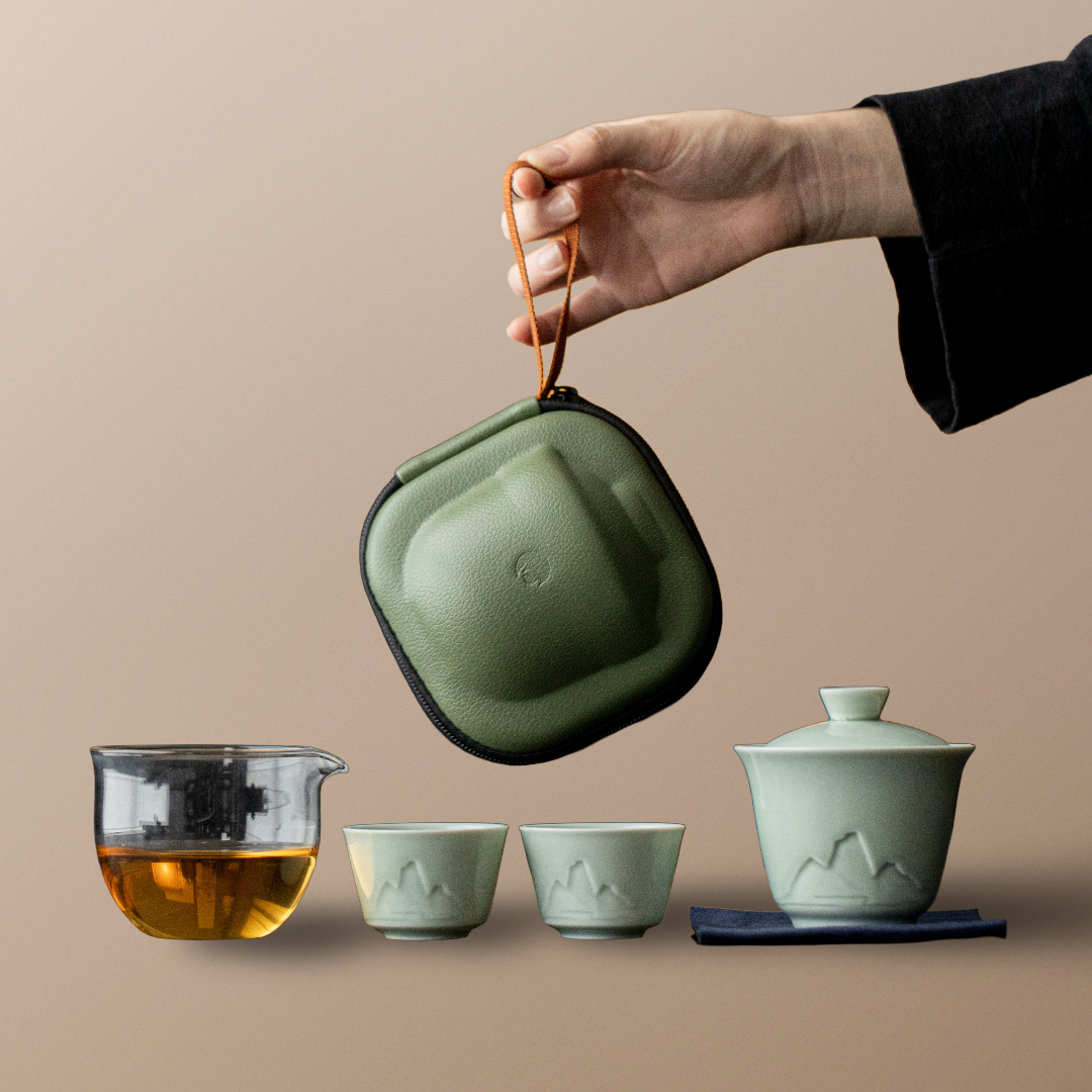 Jingmai Portable Tea Set – Chinese Celadon Gaiwan with Cups | Inspired by UNESCO Heritage Jingmai Mountain | Travel Gongfu Tea Set with Case | Traditional Chinese Teaware Gift