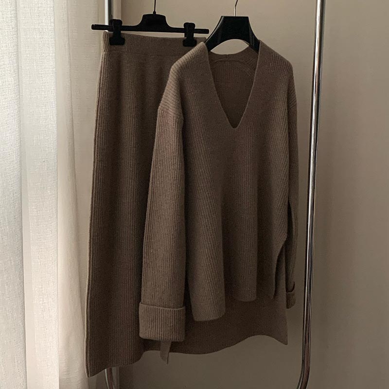 Elegant Solid Colored Cashmere Knit Two Piece Set  C1279