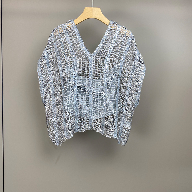 Linen Sequin Hollow Short Sleeved Pullover C0819