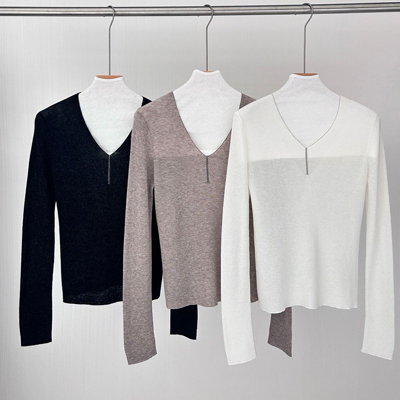 Wool Solid Color Bead Chain Pullover Sweater P0904