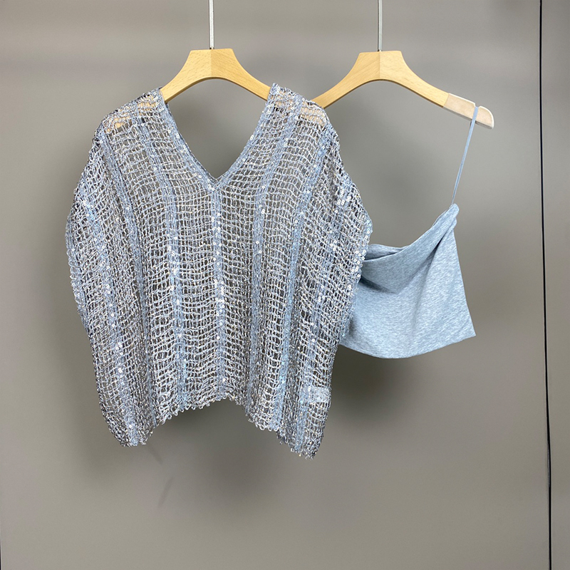 Linen Sequin Hollow Short Sleeved Pullover C0819