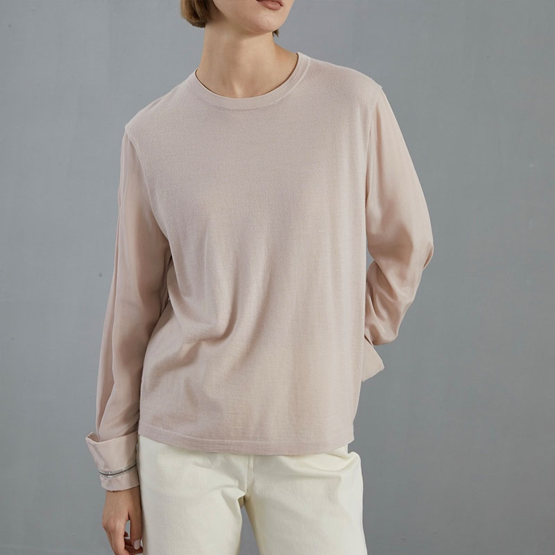Silk Sleeve Round Neck Bead Chain Wool Bottoming Top H0901