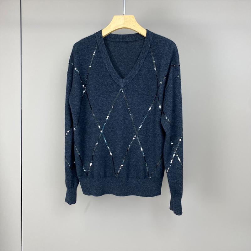 Sequin Diamond Grid Knitted Pullover C0820