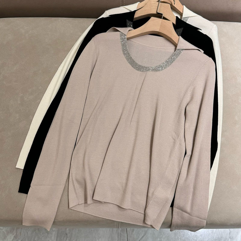  Long-sleeve Round Collar Wool Bead Chain Bottoming Top H0850