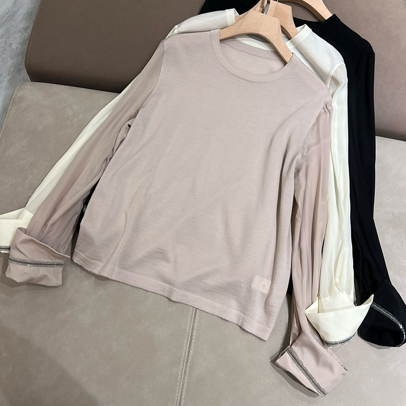 Silk Sleeve Round Neck Bead Chain Wool Bottoming Top H0901