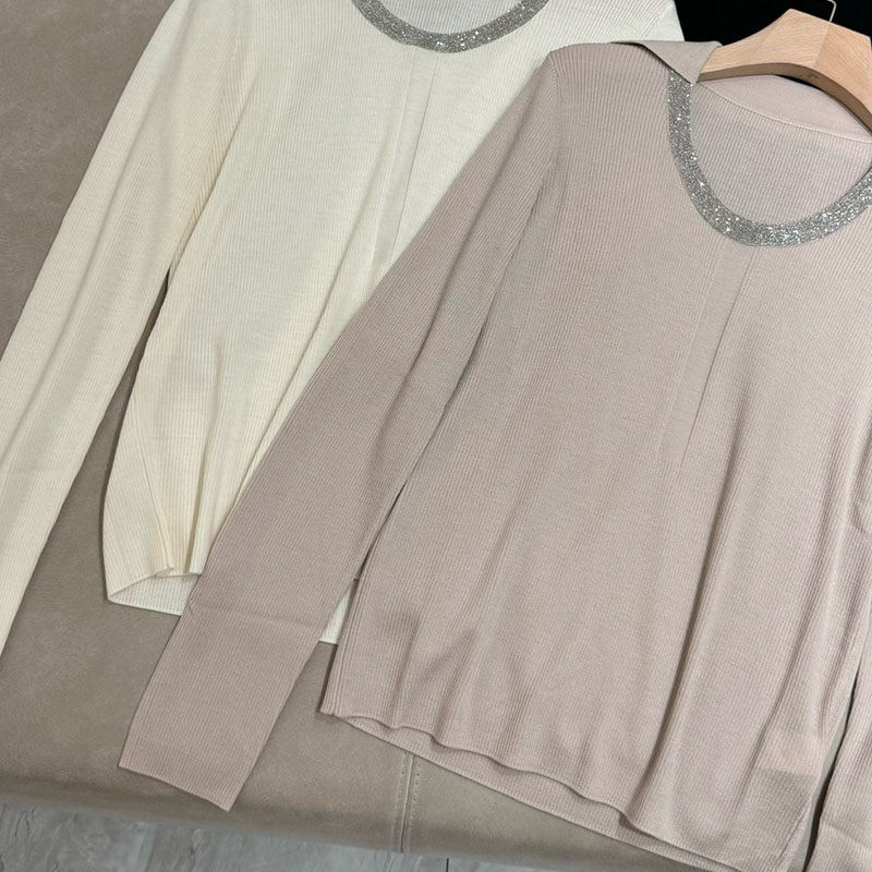  Long-sleeve Round Collar Wool Bead Chain Bottoming Top H0850
