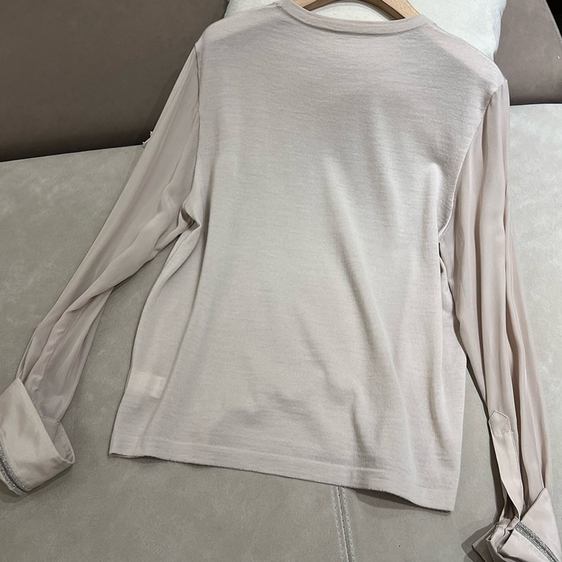 Silk Sleeve Round Neck Bead Chain Wool Bottoming Top H0901