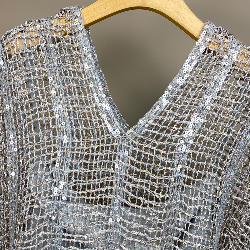 Linen Sequin Hollow Short Sleeved Pullover C0819