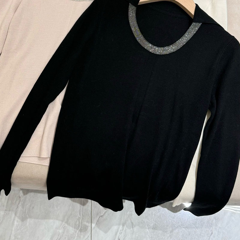  Long-sleeve Round Collar Wool Bead Chain Bottoming Top H0850