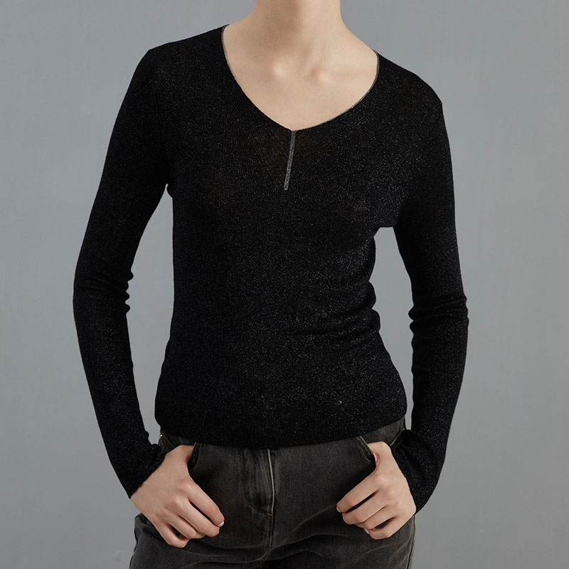 Wool Solid Color Bead Chain Pullover Sweater P0904