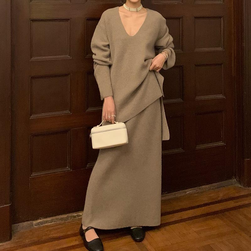 Elegant Solid Colored Cashmere Knit Two Piece Set  C1279