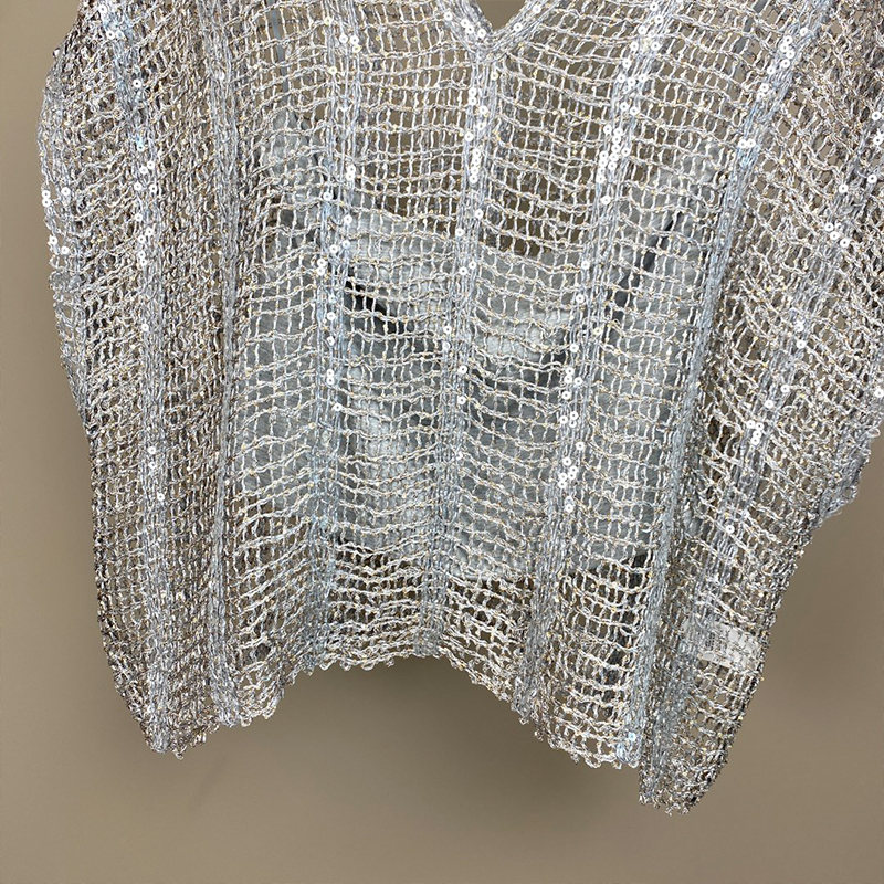 Linen Sequin Hollow Short Sleeved Pullover C0819