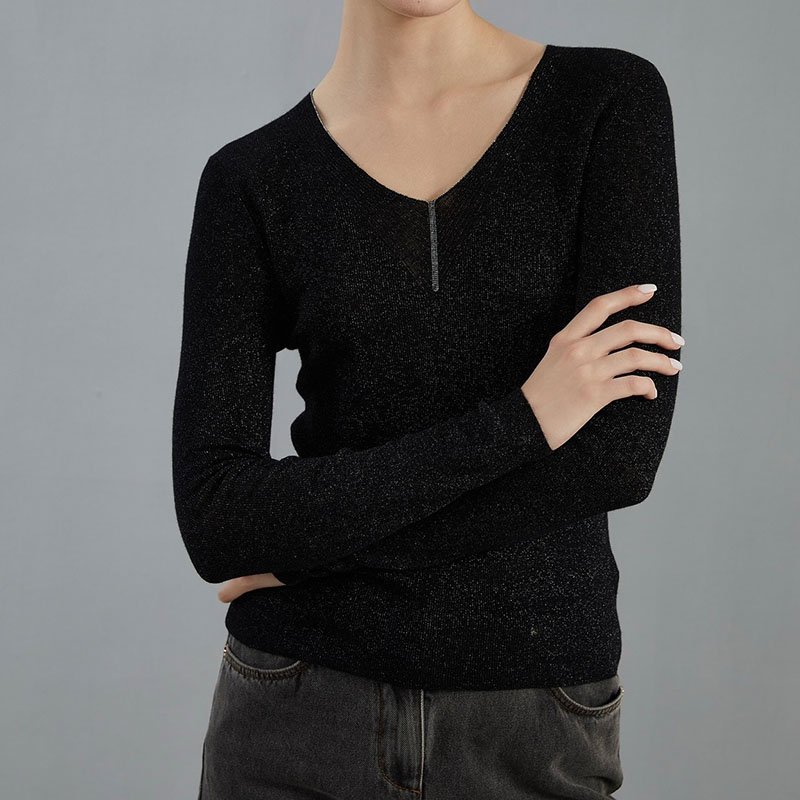 Wool Solid Color Bead Chain Pullover Sweater P0904