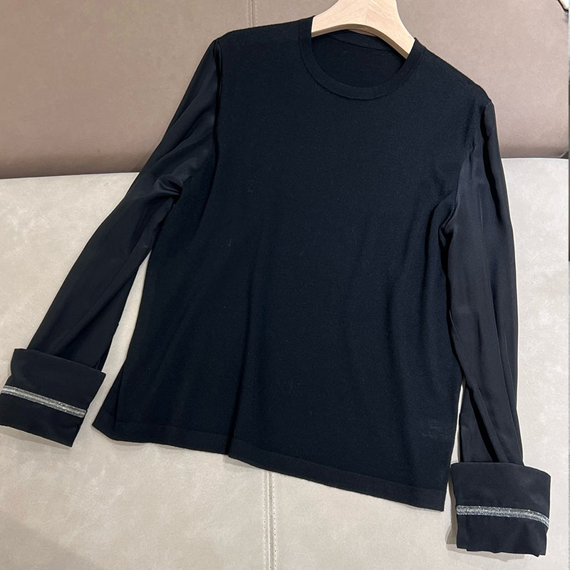 Silk Sleeve Round Neck Bead Chain Wool Bottoming Top H0901