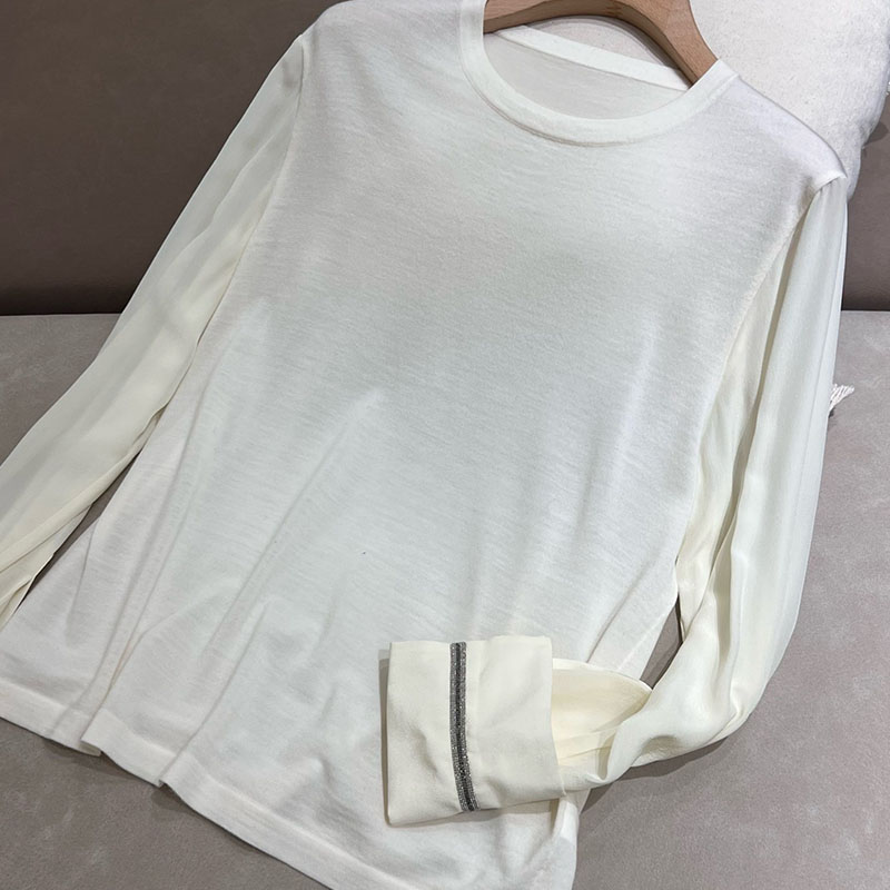 Silk Sleeve Round Neck Bead Chain Wool Bottoming Top H0901