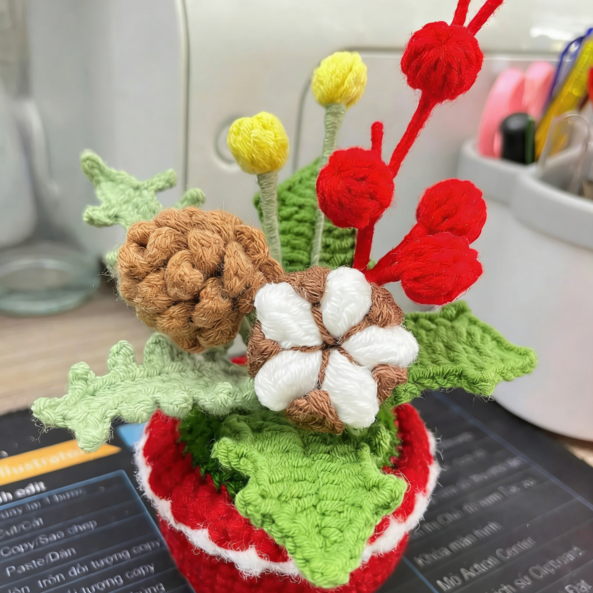 Handmade Crochet Flower Christmas Holiday Arrangement Decor