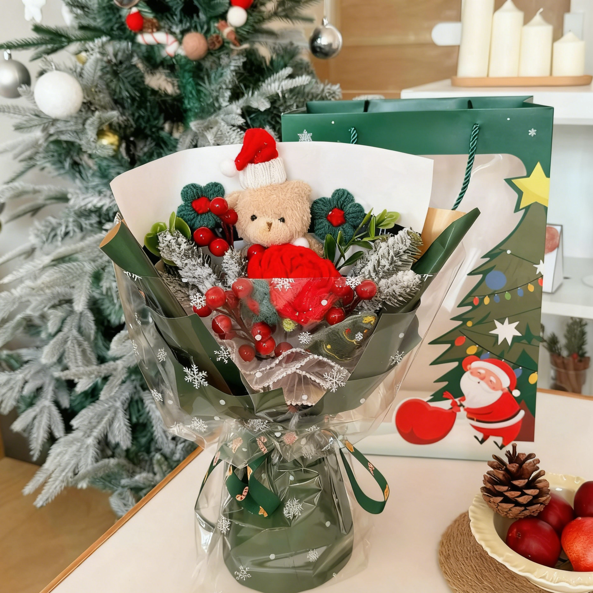 Crochet Christmas Bouquet with Knitted Santa Plush,Eternal Flower Arrangement,Home&Christmas Decor, Christmas Gift for her Family mom Friend