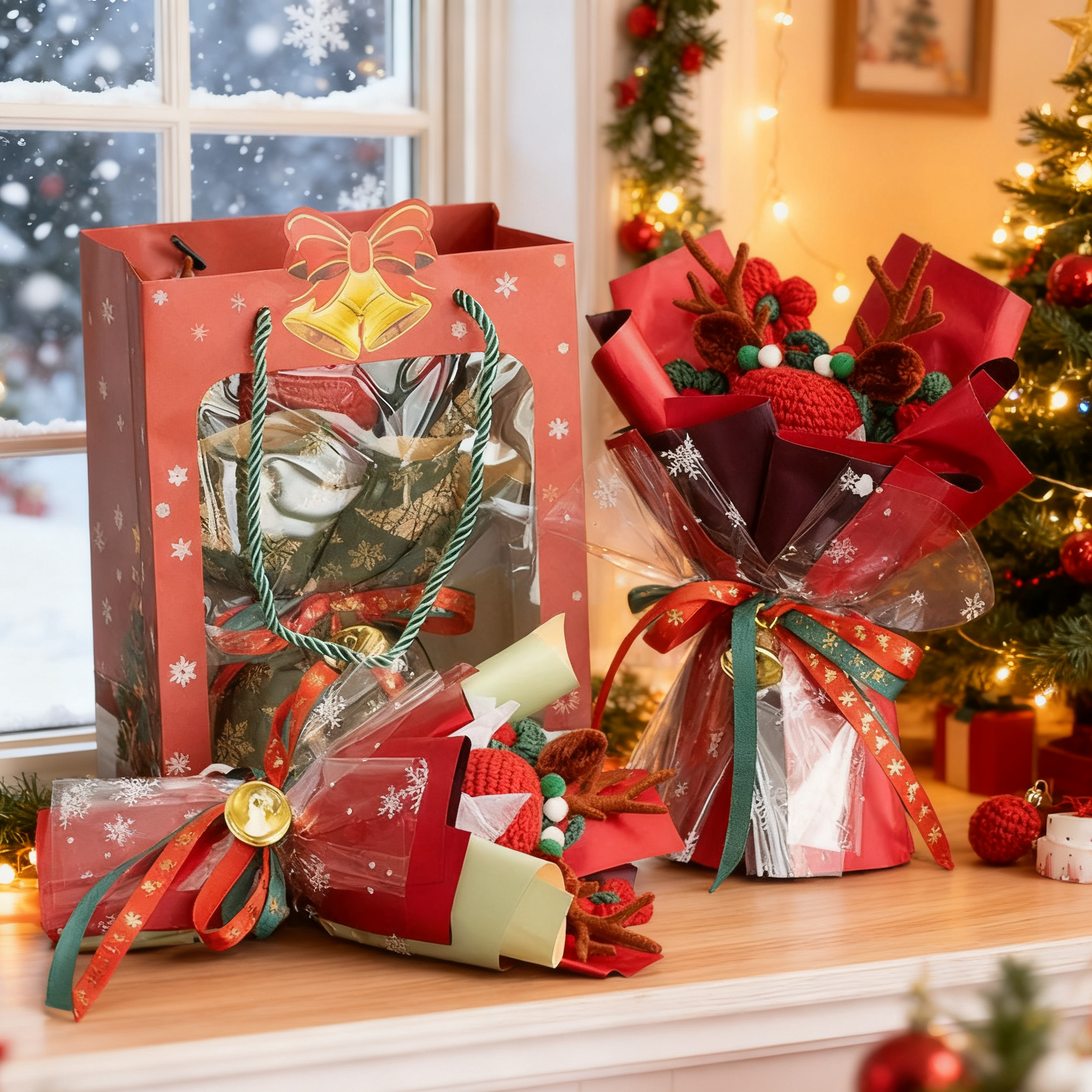 Handmade Crochet Reindeer Bouquet Christmas Flower Holiday Decor  