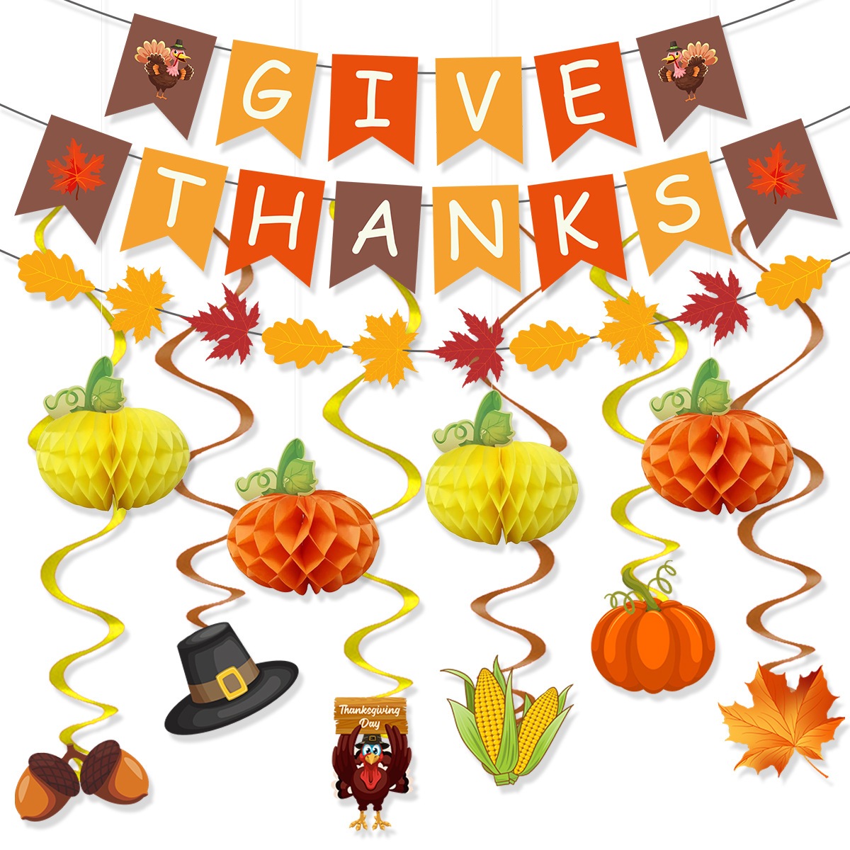 Happy Thanksgiving Banner Swallowtail Flag Maple Leaf Pullflower Pumpkin Honeycomb Ball Pendant Set