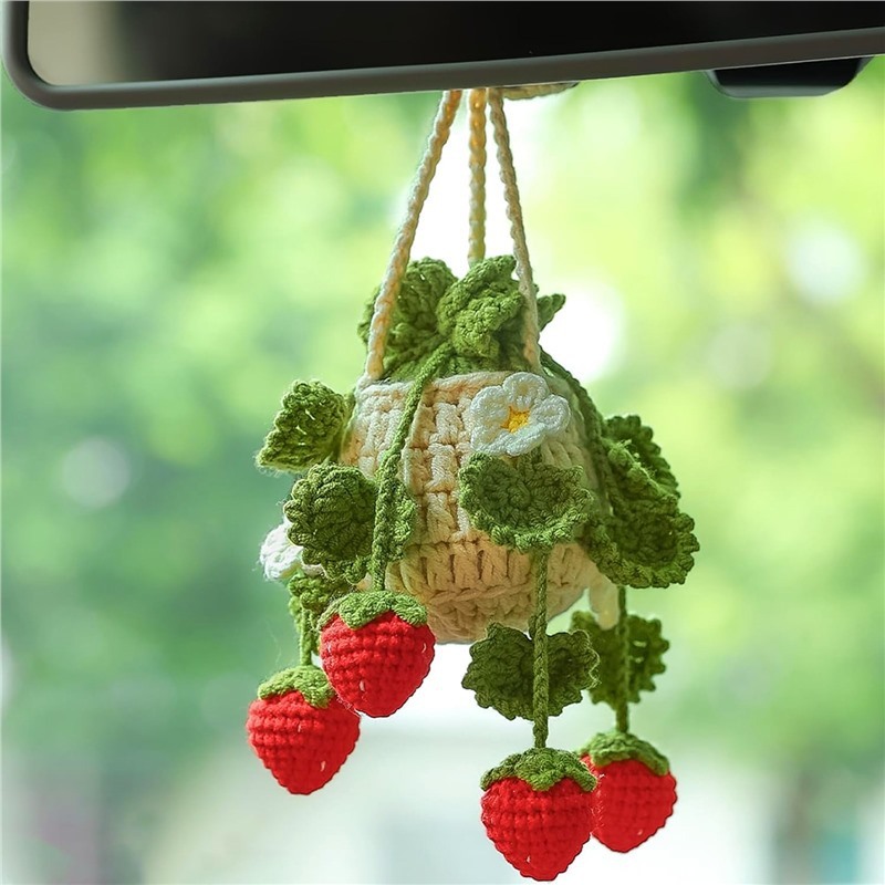 Crochet Strawberry Hanging Plant  Crochet Car Diffuser Hanging Car Accessories for Women Plant Lover Gift Cute Car Decor Christmas Gift
