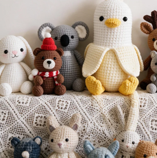 Collection of handmade crochet dolls and amigurumi animal toys