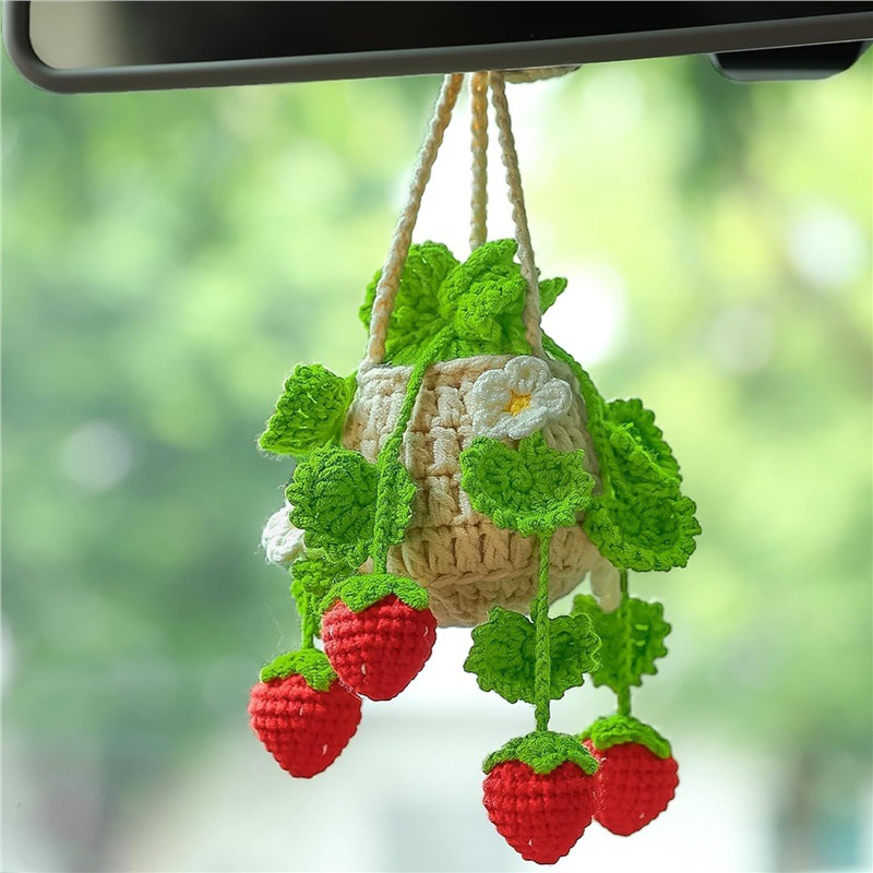Crochet Strawberry Hanging Plant  Crochet Car Diffuser Hanging Car Accessories for Women Plant Lover Gift Cute Car Decor Christmas Gift