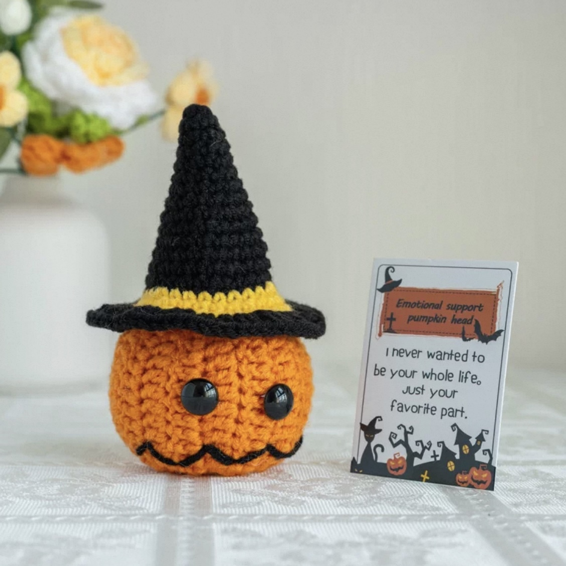 Emotional support Pumpkin crochet Pumpkin Handmade food themed Decor Positive message Pendant