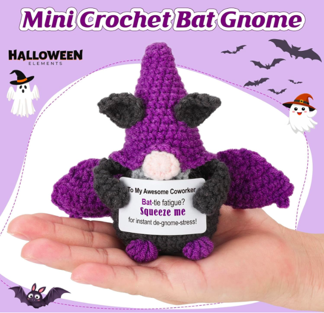 Halloween Bat Doll Gnome Gift for Coworkers Handmade Crochet Purple Gnome Holding Positive Note Halloween Treats Non Candy 