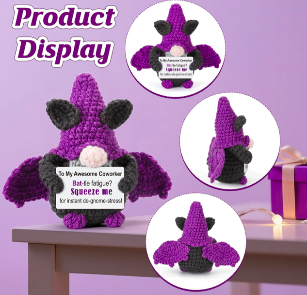 Halloween Bat Doll Gnome Gift for Coworkers Handmade Crochet Purple Gnome Holding Positive Note Halloween Treats Non Candy 