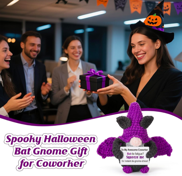 Halloween Bat Doll Gnome Gift for Coworkers Handmade Crochet Purple Gnome Holding Positive Note Halloween Treats Non Candy 