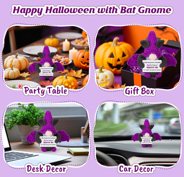 Halloween Bat Doll Gnome Gift for Coworkers Handmade Crochet Purple Gnome Holding Positive Note Halloween Treats Non Candy 