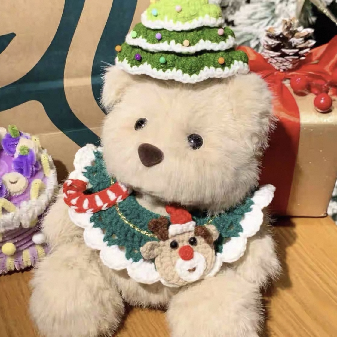 Handmade Christmas Bear Stuffed Animals doll Crochet Clothing personalized plush gift 