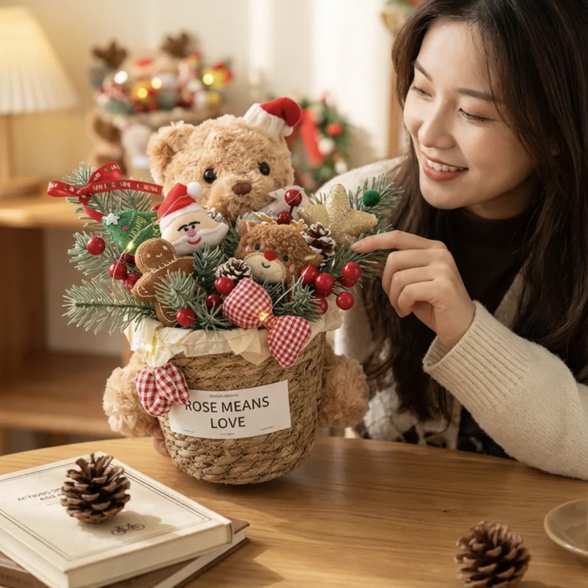 Christmas Bouquet Hug Bucket Cartoon Elk Bear Doll Flower Basket Handmade Creative Gift