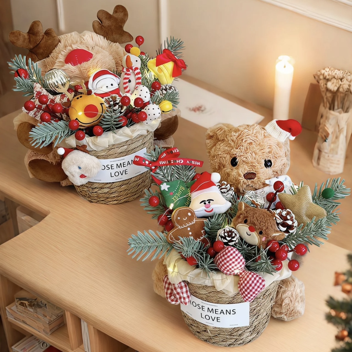 Christmas Bouquet Hug Bucket Cartoon Elk Bear Doll Flower Basket Handmade Creative Gift