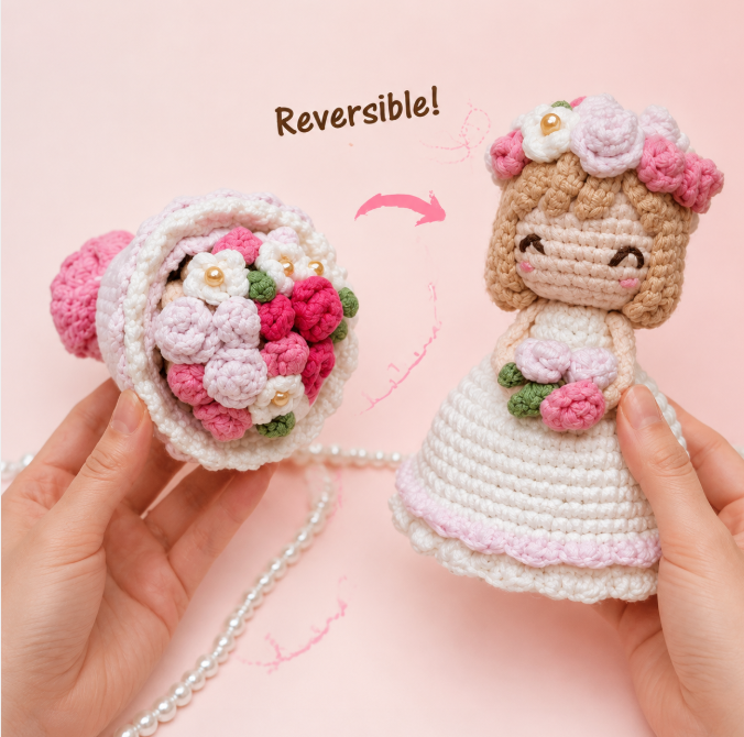 Reversible Crochet Bride and Flower Bouquet Two in One Handmade Crochet Doll Unique Wedding Finished Knitted Dolls