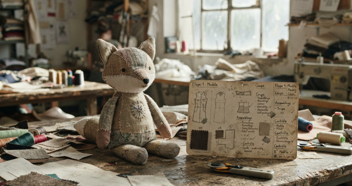A handmade fabric fox toy and a design card with French handwritten notes on a cluttered craft workshop table.