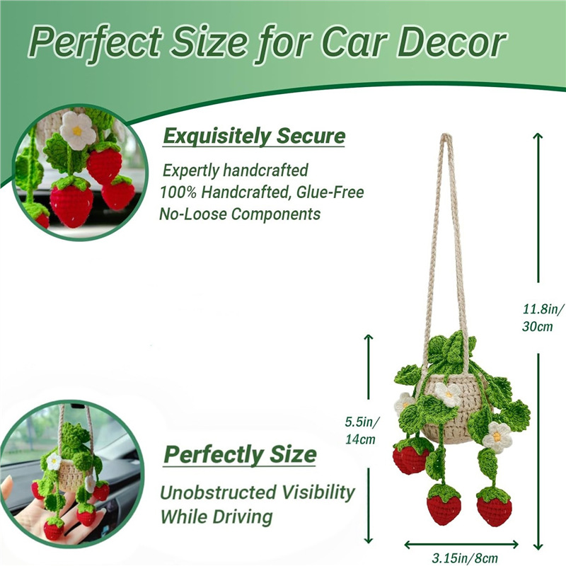 Crochet Strawberry Hanging Plant  Crochet Car Diffuser Hanging Car Accessories for Women Plant Lover Gift Cute Car Decor Christmas Gift