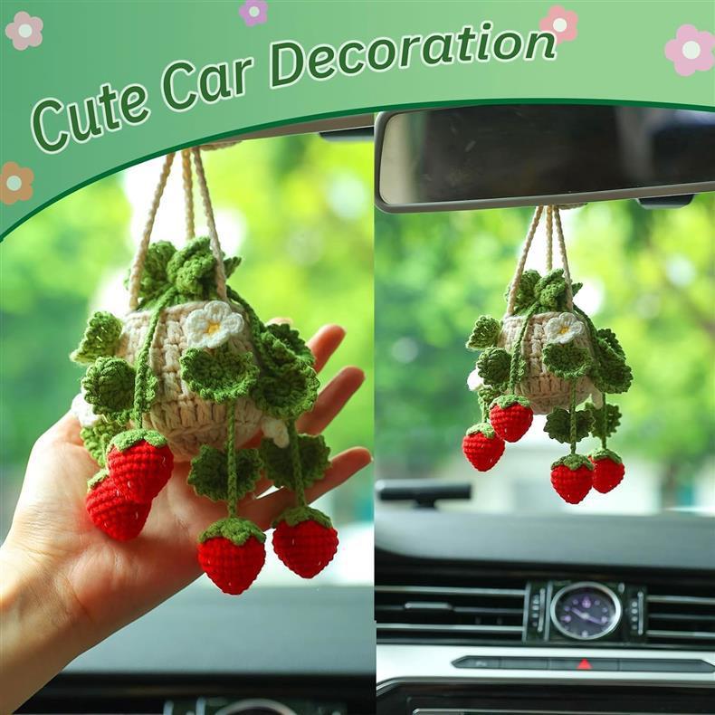 Crochet Strawberry Hanging Plant  Crochet Car Diffuser Hanging Car Accessories for Women Plant Lover Gift Cute Car Decor Christmas Gift